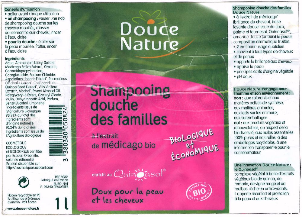 étiquette du shampoing douce nature